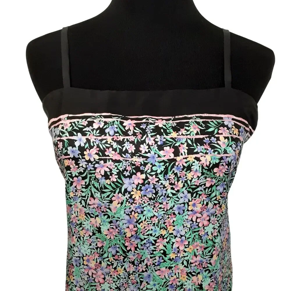 Vintage 80s Silk Slip Dress Ditsy Floral Shift Mini Dress Coquette Womens L